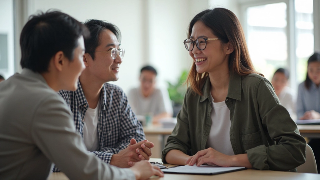 Group of diverse language learners in classroom setting, engaged in conversation practice with instructor