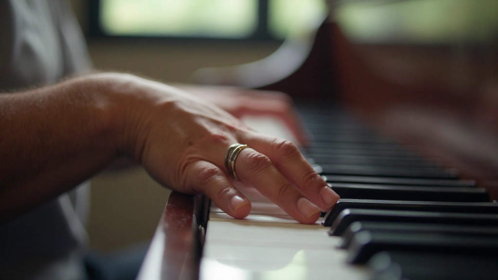 Closeup of hands on piano keyboard with musical notes sheet, illustrating pitch and tone patterns