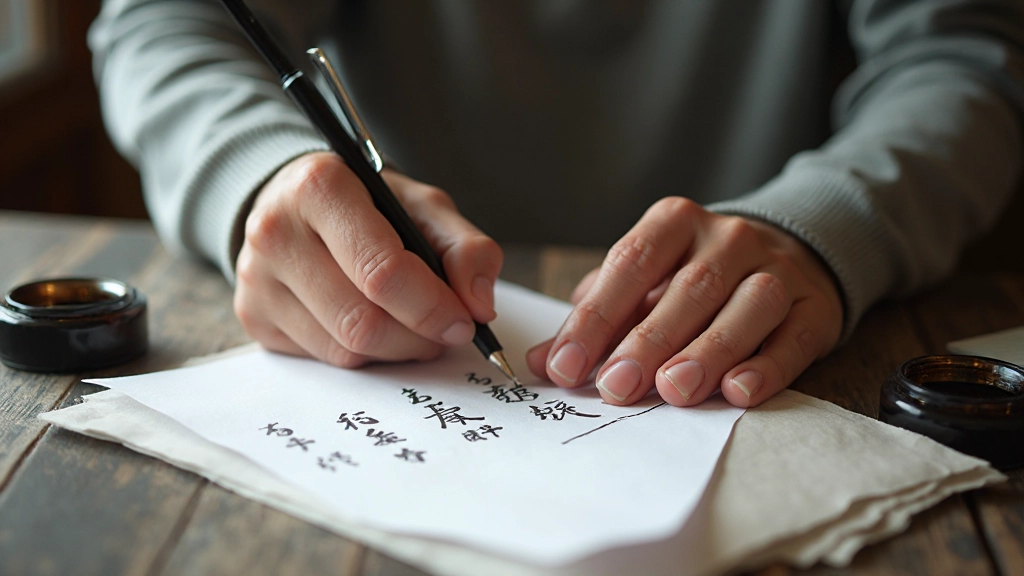Person writing Chinese characters with traditional brush on white paper in calligraphy style