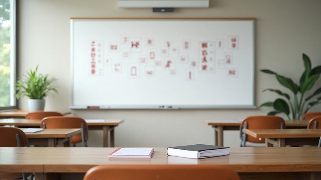 Classroom scene with whiteboard showing Chinese characters and learning materials scattered on table