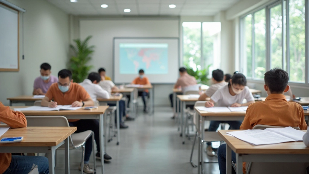 Modern Mandarin Chinese language learning classroom with student materials and teaching resources on bright workspace