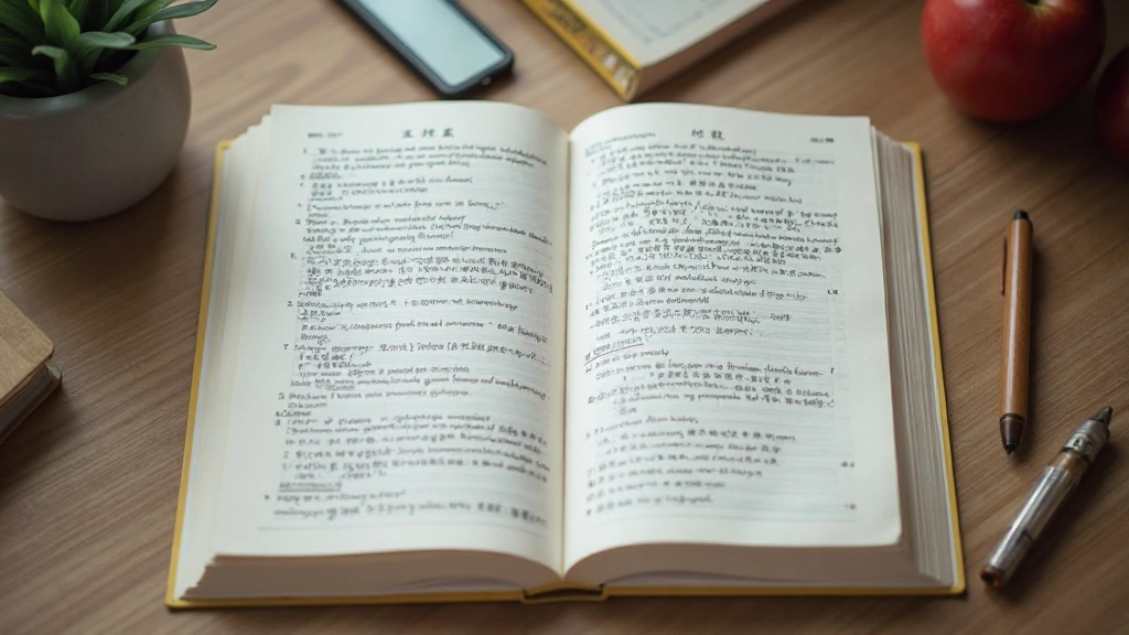 Close-up of open textbook with Chinese characters and learning notes on wooden study desk
