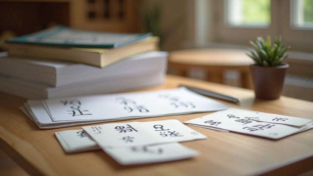 Mandarin language learning materials including textbooks, flashcards, and notebook with Chinese character practice on study table