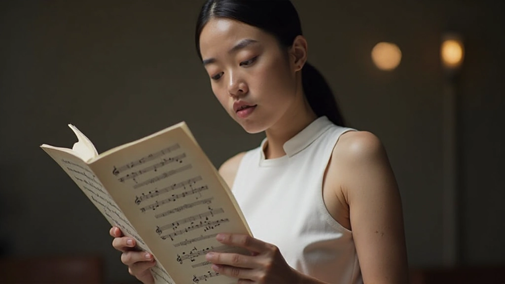 Musician reading musical notes on staff paper, representing pitch patterns and tone sequences in language learning