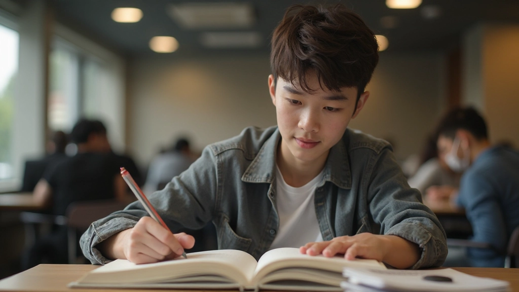 Student studying Mandarin Chinese with pinyin textbook open, focused on learning materials with notebook and pen on desk