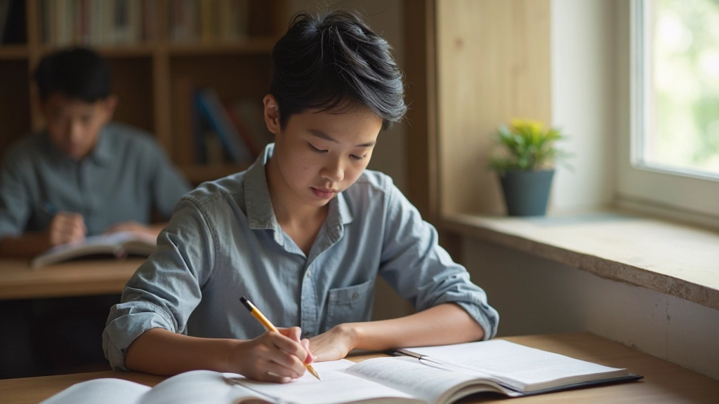 Student studying Mandarin with textbook and notebook, writing Chinese characters at a desk