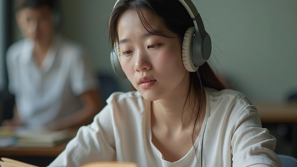 Student studying with headphones on, listening to language audio lessons, focused expression during learning