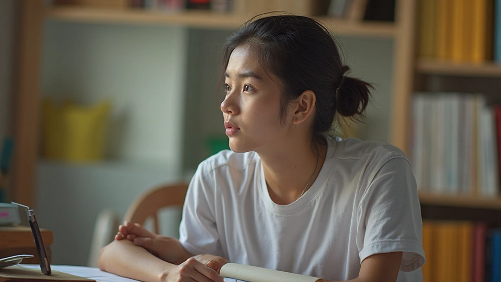 Student looking thoughtful at desk, hand on chin, considering study materials and learning strategies