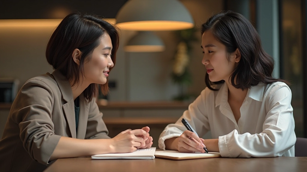 Two people in language exchange conversation, sitting across from each other with friendly engaged expressions in casual study environment