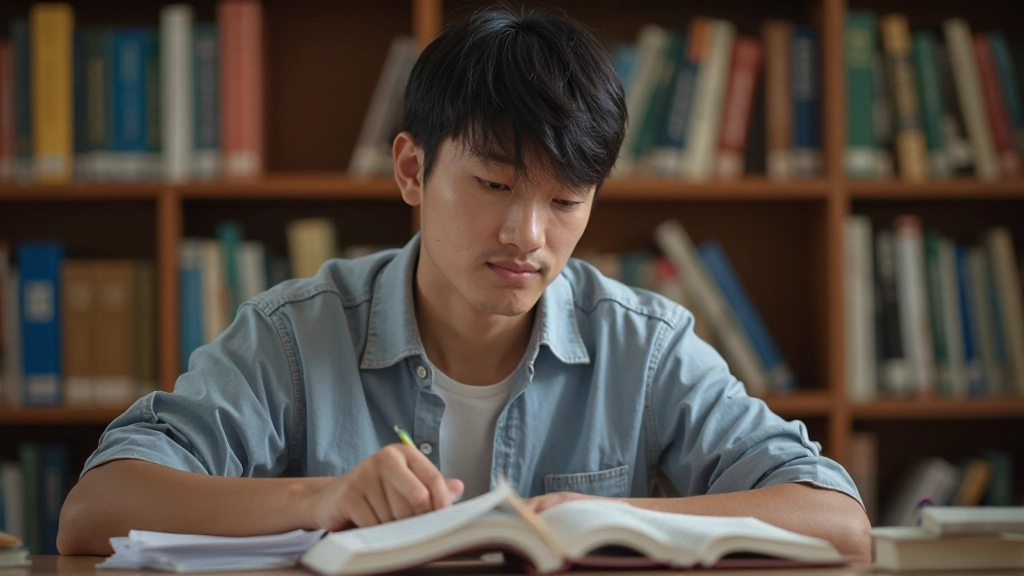 Student studying Mandarin with textbook and phonetic guides, taking notes with focused expression
